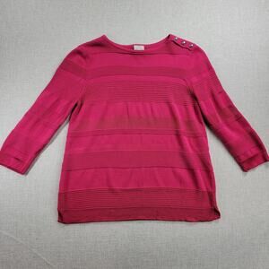 Chico's Womens Sweater Size 1 Hot Pink Textured Striped Button-Shoulder Pullover